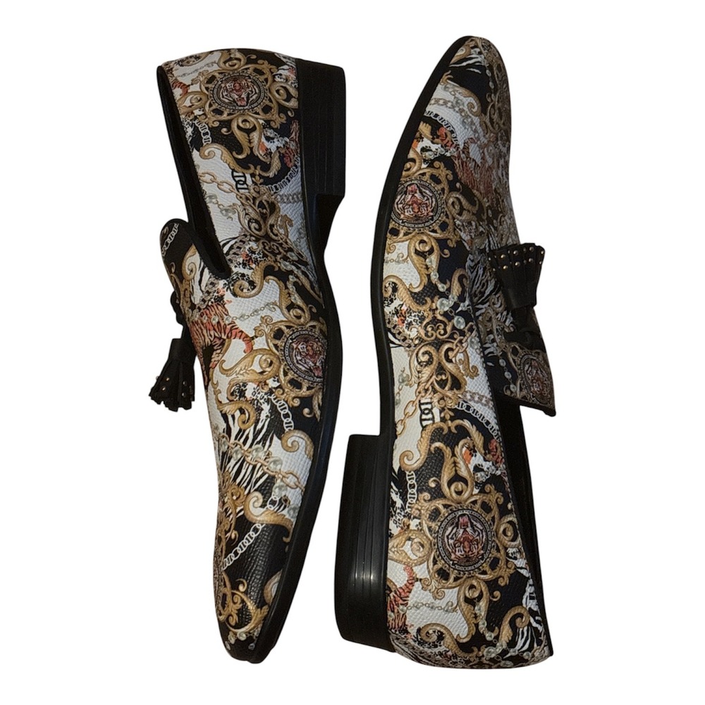 Aldo Mens Baroque Tiger Print Tassel Loafers Black Gold Slip On Shoes Size 10 - Picture 5 of 9